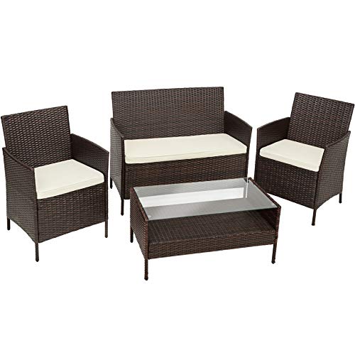 TecTake Set di Mobili da Giardino in Polyrattan | 1 Divano Tavolino, 1 Panca, 2 Sedie con Cuscini | Marrone