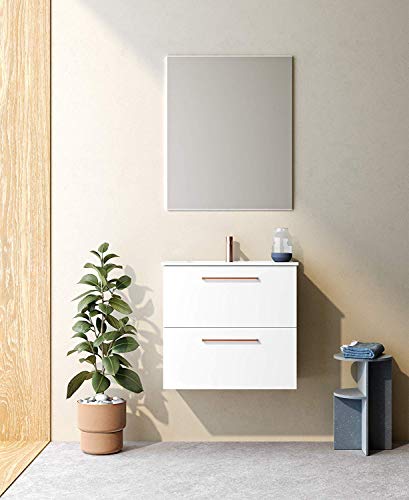 Mobili VARMA 60 cm | Laccato Bianco Opaco | Maniglie in Oro Rosa | Mobile 60 x 64 x 46 cm con 2 cassetti + lavabo in Ceramica