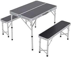 MUY Warmiehomy - Set di tavolo e sedie pieghevoli in alluminio, tavolo e panca per picnic, barbecue, giardino all'aperto (grigio scuro) - grigio scuro