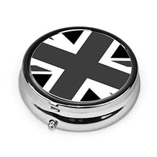 Contenitore rotondo per pillole con bandiera Union Jack in bianco e nero a 3 scomparti in metallo per medicina e vitamine, per viaggi all'aperto