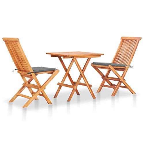 SKM Set da Bistrot 3 pz con Cuscini Grigi in Legno Massello di Teak