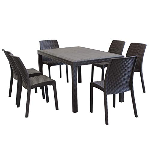 MilaniHome Set Tavolo da Giardino Rettangolare Fisso Cm 150 X 90 con 6 Sedie in Wicker Stampato Marrone da Esterno Giardino