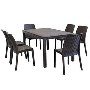 MilaniHome Set Tavolo da Giardino Rettangolare Fisso Cm 150 X 90 con 6 Sedie in Wicker Stampato Marrone da Esterno Giardino