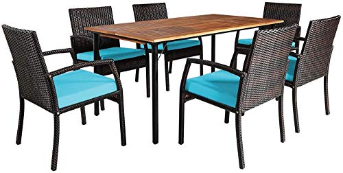 YRRA 7 Pezzi Patio Set da Pranzo in Legno Mezzo di mobili da Pranzo in Legno Set con Telaio in Acciaio e ombrellone Hole Tavolo da Pranzo all'aperto Set con Cuscini Rimovibili-Turchese