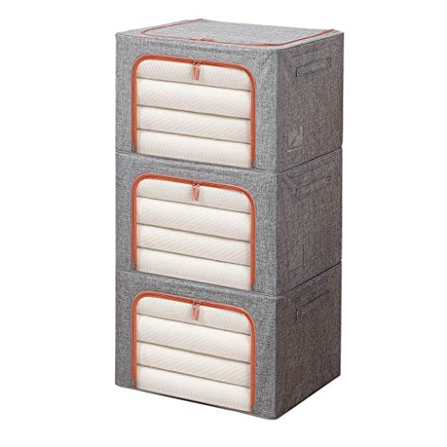 NLIAN- Cestini Portaoggetti Impilabili in Tessuto Scatole con Supporto in Metallo for Maglioni Lenzuola Abbigliamento Asciugamani Asciugamani 3Pack Grigio 66L