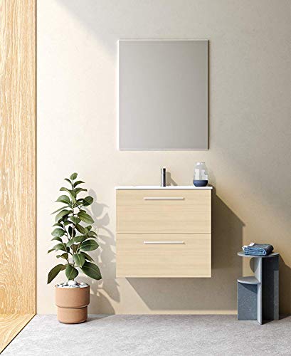 Randalsa Mobili VARMA 60 cm | Jackson Ash Finish | Manici Bianchi | Mobile 60 x 64 x 46 cm con 2 cassetti + lavabo in Ceramica