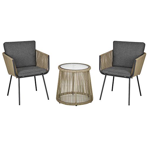 Outsunny Set con Tavolino e Sedie da Giardino da 3 Pezzi, Sedie in Rattan per Esterni, Cachi e Grigio