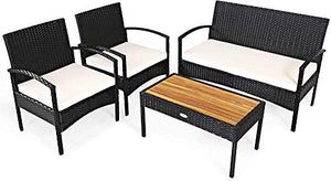 YRRA 4 Pezzi Patio Rattan mobili Set da Conversazione all'aperto Set w/Sedia e loveseat & Solido tavolino da caffè Acacia e Solido tavolino Alto resilienza Spugna Cornice Stabile Ideale-1_Bianca