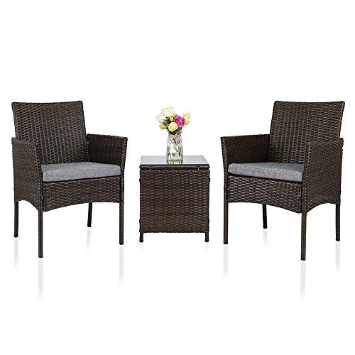 BaiHogi Tavolo da Letto, Set di mobili per la casa di Vimini Rattan Wicker 3pc cuscinod da Giardino all'aperto sedie a Patio