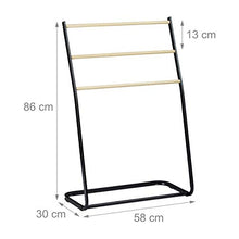 Relaxdays Portasciugamani da Terra, 3 Aste Effetto Legno, Accappatoi, Salviette e Indumenti, HLP: 86 x 58 x 30 cm, Nero, Ferro, 1 pz