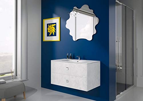 Mobile da bagno eggetto spatolato b.co c/lavabo rett. e specchio design c/ led - Base c/ 2 cassetti e top con lavabo integrato