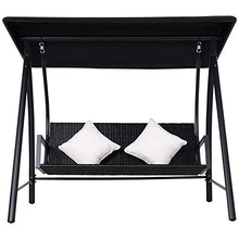 Outsunny Dondolo Polyrattan da Giardino a 3 posti, 2 Cuscini e Baldacchino Ferro Verniciato a Polvere Tetto Idrorepellente Cuscini Sfoderabili Nero 198x124x179cm 360kg