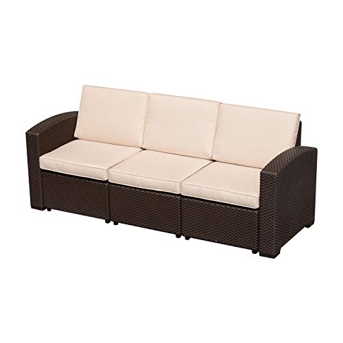 miozzi Divano da Esterno a 3 Posti in Rattan Sintetico con Cuscini Marrone 199x71x75 cm
