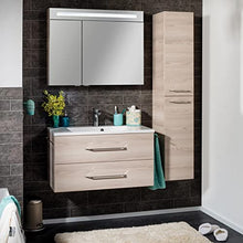 FACKELMANN B.Clever - Set di mobili da bagno 3 pezzi, 90-120 cm, in frassino con lavabo in marmo, con armadietto a specchio a LED