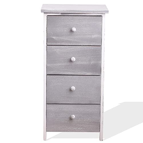 Rebecca Mobili Cassettiera decape, comodino 4 casetti, legno paulownia, bianco grigio, design shabby, per camera bagno salotto - Misure: 71 x 35 x 25 cm (HxLxP) - Art. RE4303