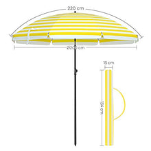 SONGMICS Ombrellone da Spiaggia Ø 2 m, Ombrellone da Giardino con UPF 50+, Inclinabile, Portatile e Antivento, Stecche in Fibra di Vetro, Borsa da Trasporto, Strisce Gialle e Bianche GPU65YW