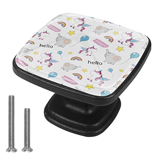 Set di 4 pezzi con maniglia quadrata per armadio da cucina, credenza, cassettiera, cassettiera, con viti, per cucina, comò, armadietto, bagno, guardaroba, unicorno elefante animale