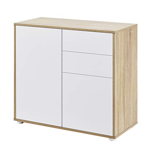 Comò con 2 Ante e 2 Cassetti con Apertura Push-to-Open 74 x 79 x 36 cm Mobiletto Multiuso per Camera/Ufficio - Bianco/Effetto Rovere