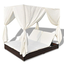 Festnight Lettino Prendisole Letto Matrimoniale Prendisole Reclinabile a Baldacchino con Tende in Polirattan Marrone/Nero da Mare/Picsina/Giardino/Patio per Esterni 197 x 140 x 180 cm