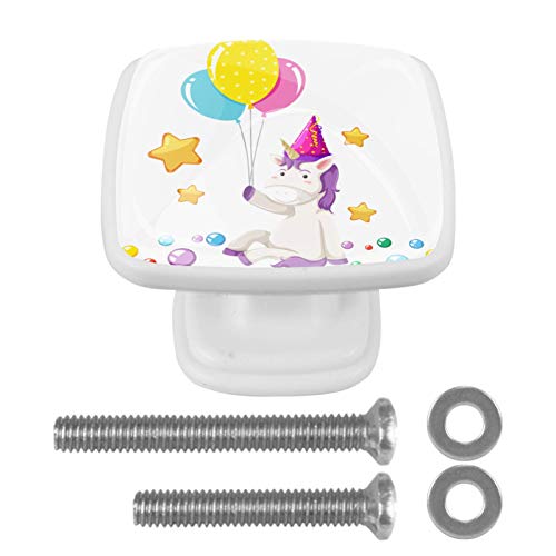 Set di 4 maniglie rotonde per armadio da cucina, credenza, cassettiera, cassettiera, con viti, per cucina, comò, armadietto, bagno, armadio Catoon Unicorn con palloncino-01