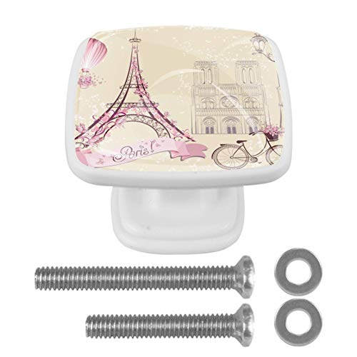Set di 4 maniglie rotonde per armadio da cucina, credenza, cassettiera, cassettiera, con viti, per cucina, comò, armadietto, bagno, guardaroba, vintage, retrò, Torre Eiffel di Parigi, biciclette