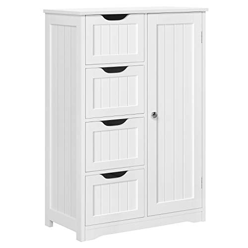 Yaheetech Armadietto da Bagno Autoportante Mobiletto Bianco da Terra in Legno con 4 Cassetti e Ripiano Regolabile Mobile da Cucina Soggiorno Corridoio Ingresso 56 x 30 x 82 cm