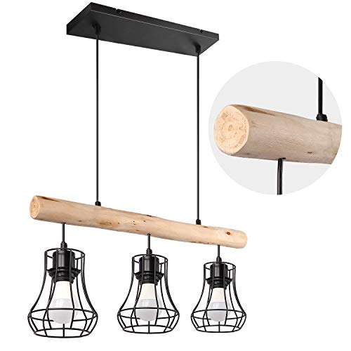 Lampadario a Sospensione da soffitto a 3 luci Pendenti – Design rétro/Vintage in Legno e Metallo – Compatibile con lampadine E27 | Lampadario Industriale la Cucina, Soggiorno, Corridoio