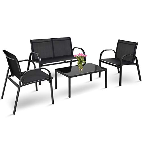 RELAX4LIFE Set di 4 Mobili da Giardino con Tavolino, Panchina e 2 Sedie, con Struttura Robusta, in Materiale Impermeabile e Anti-UV, Uso Esterno e Interno per Soggiorno e Balcone (Nero)