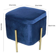 Sgabello Contenitore in flanella con vano portaoggetti e coperchio, Pouf Poggiapiedi Ottomano quadrata con robuste gambe in ferro, Portante 80 kg, per Camera da Letto Soggiorno, 37x37x42cm(Blu Scuro)