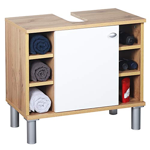 RICOO WM100-EW-W Mobile Bagno 60x54x32cm Mobiletto sotto-lavabo Armadio salvaspazio Arredamento Copricolonna Legno Rovere Marrone Porta Bianca