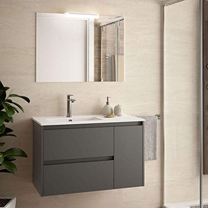 Yellowshop - Mobile Mobiletto da Bagno Sospeso in Legno Cm 85 Completo di Specchiera Lampada LED E Lavabo in Porcellana Arredo Modello Noja 855 Varie Colorazioni (Grigio Opaco)