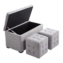 homcom Cassapanca Portaoggetti Set di 3 Pezzi con 2 Sgabelli Pouf in Velluto, Grigio Perla
