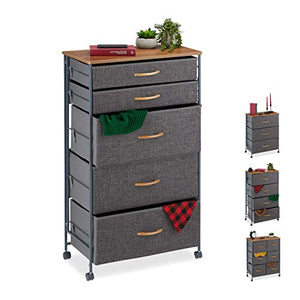 Relaxdays Cassettiera con Ruote, Cassetti in Stoffa, Mobiletto, Ripiano in Aspetto Legno, HxLxP: 96,5x58x30 cm, Grigio, Acciaio, Poliestere, Pannelli MDF
