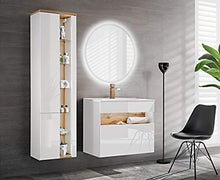 Bahama - Set di mobili da bagno, 4 pezzi, colore: bianco, lavabo 80 cm, illuminazione indiretta, specchio rotondo con illuminazione a LED, tavolo da lavanderia, mobiletto per lavabo, armadio alto