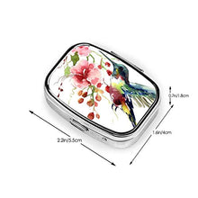 Scatola porta pillole quadrata in metallo con motivo colibrì e fiori, con due scomparti per medicinali e medicinali