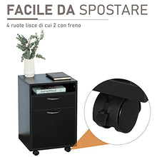 homcom Cassettiera Portadocumenti da Ufficio in Legno Nero con 2 Cassetti, 4 Ruote Ominidirezionali, 40 x 35 x 60cm