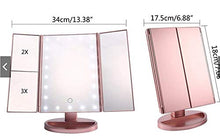 PULLEY Specchio da trucco con luci, triplo specchio illuminato, con ingrandimento 1X/3X/2X, rotazione di 180°, specchio di bellezza portatile illuminato (oro rosa