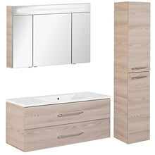FACKELMANN B.Clever - Set di mobili da bagno, 3 pezzi, 120-150 cm, in frassino con lavabo in marmo, con armadietto a specchio a LED