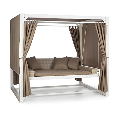 blumfeldt Eremitage - Dondolo Hollywood, Tetto Parasole con Tenda, 236x180x210 cm, Imbottitura Spessa 5 cm, 3 Cuscini, Acciaio Massiccio, Bianco/Talpa