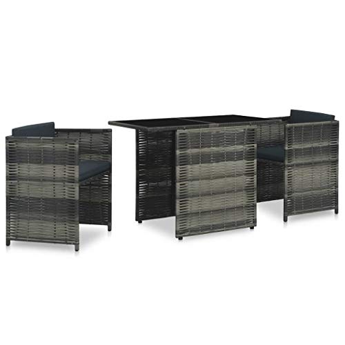 Festnight 3pz Set da Bistrot con Cuscini Salottino in Rattan Tavolo Quadrato e 2 Poltrone Struttura in Acciaio Colore Grigio