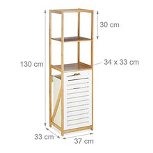 Relaxdays 10022210 Scaffale a Colonna per il Bagno con Cestino Portabiancheria, Bambù, 3 Ripiani, HxLxP 130 x 37 x 33 cm, Marrone