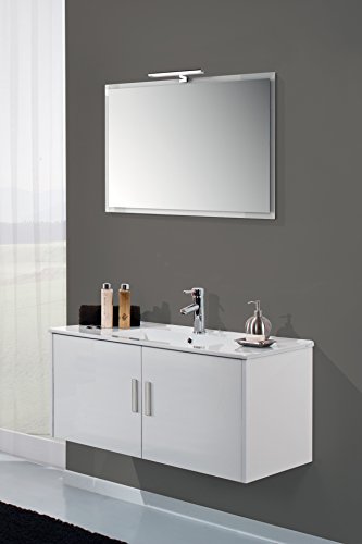Yellowshop - Mobile Mobiletto da Bagno Sospeso in Legno Cm 70 A 2 Ante Completo di Specchiera Lampada Luce LED E Lavabo in Ceramica Modello Hawaii Varie Colorazioni (Bianco Lucido)