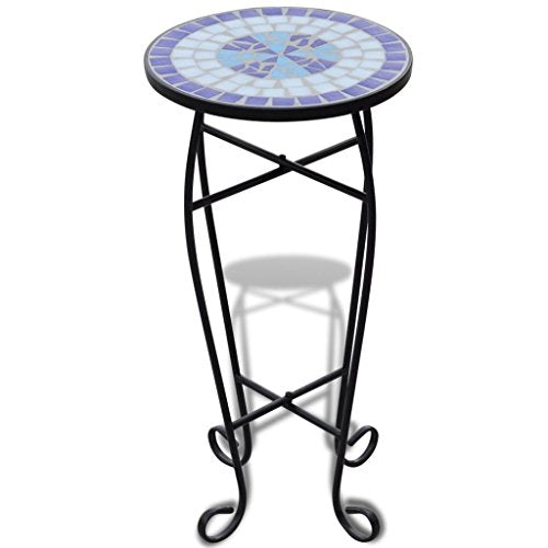 vidaXL Tavolino Laterale Piante Design Mosaico Blu/Bianco Supporto Espositore