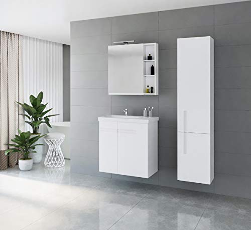 Planetmöbel Mobili da bagno con lavello, armadietto a specchio e mobiletto alto, colore bianco