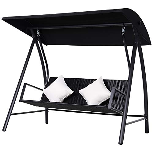 Outsunny Dondolo Polyrattan da Giardino a 3 posti, 2 Cuscini e Baldacchino Ferro Verniciato a Polvere Tetto Idrorepellente Cuscini Sfoderabili Nero 198x124x179cm 360kg