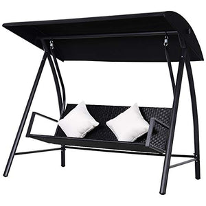 Outsunny Dondolo Polyrattan da Giardino a 3 posti, 2 Cuscini e Baldacchino Ferro Verniciato a Polvere Tetto Idrorepellente Cuscini Sfoderabili Nero 198x124x179cm 360kg