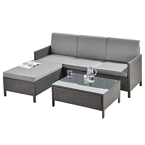 [en.casa] Set di Mobili da Giardino Fino a 4 Posti di Seduta Arredo Esterno in Polyrattan Set Composto di 1 Divano e 1 Sedile con Cuscini e 1 Tavolino Basso - Grigio