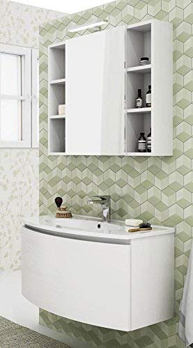 Mobile da bagno con lavabo e specchio contenitore,Misura: L.91 P.36/46 cm Finitura: Bianco Larix Top: Top lavabo in resina - 100% made in Italy