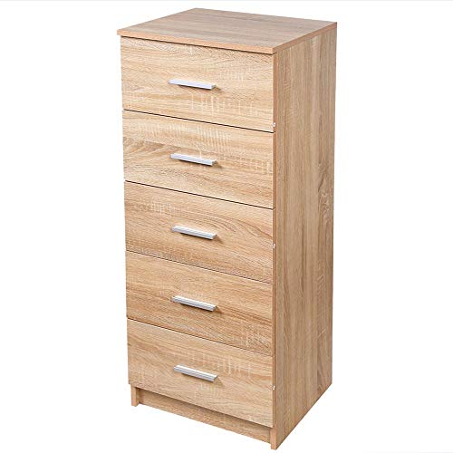 BAKAJI Mobile Cassettiera Mobiletto 5 Cassetti in Legno MDF Pomelli in Metallo Design Moderno Arredamento Casa Camera da Letto Dimensione 35 x 41 x 108 cm (Quercia)