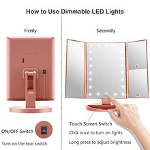 WEILY Specchio di Vanity Trifold dello specchio di trucco illuminato con l'ingrandimento di 1X/2X/3X, le notti naturali del LED, lo schermo di tocco, lo specchio caricabile (Oro Rosa)